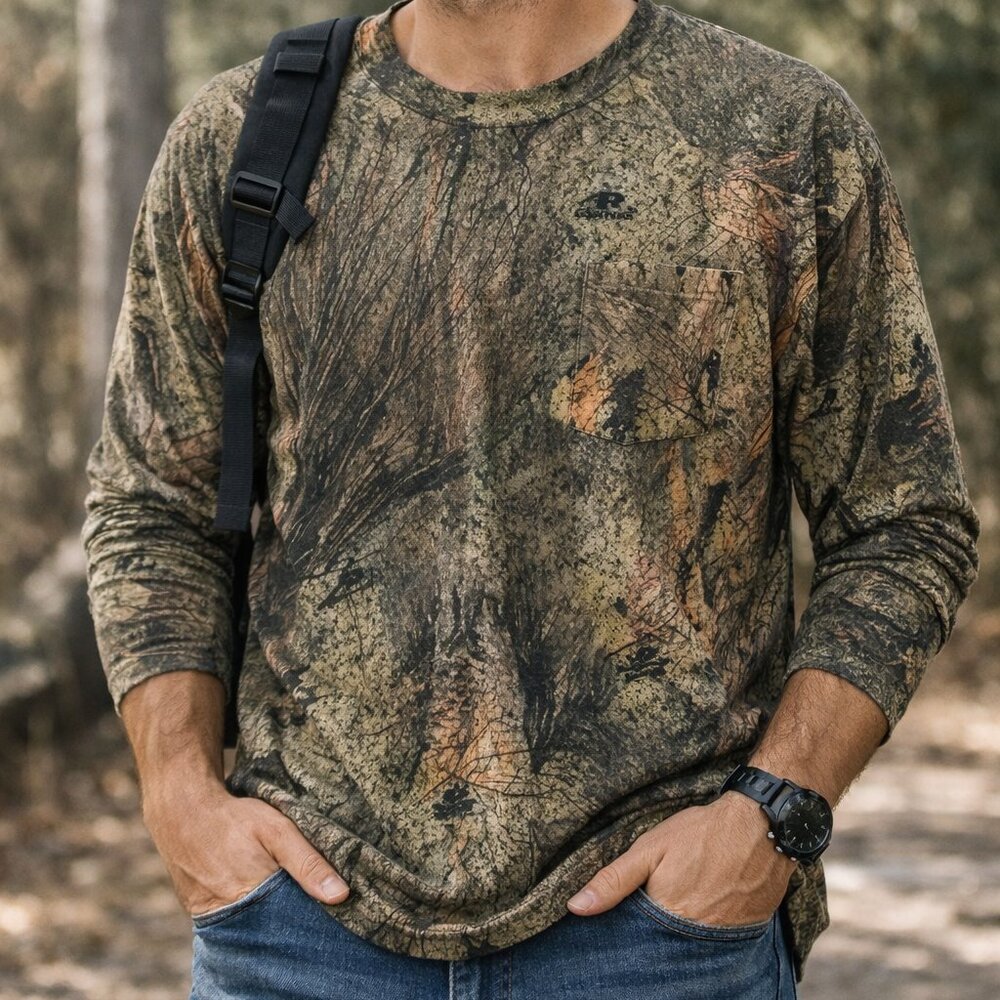 Russell Athletic  XL Camo Long Sleeve Pocket Tee Hunting Shirt Cotton